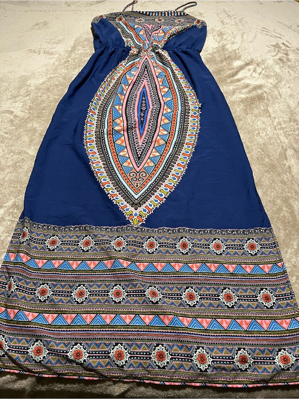 Bohemian Navy Maxi dress with Multicolor Tribal Print-L